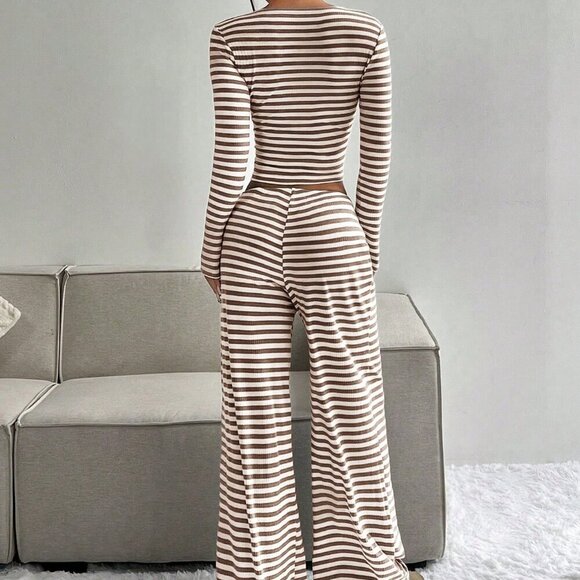 Casual Women's Striped Minimalist Long Sleeve Top & Tie Front pants set - Picture 3 of 6